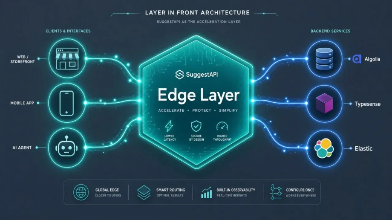 Layer-in-front architecture diagram showing clients on the left, the SuggestAPI edge layer in the center, and search backends such as Algolia, Typesense, and Elastic on the right.
