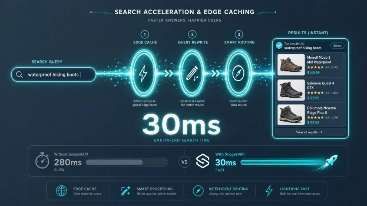 Search acceleration infographic showing edge cache, query rewrite, and smart routing delivering 30ms end-to-end search time compared with 280ms without SuggestAPI.
