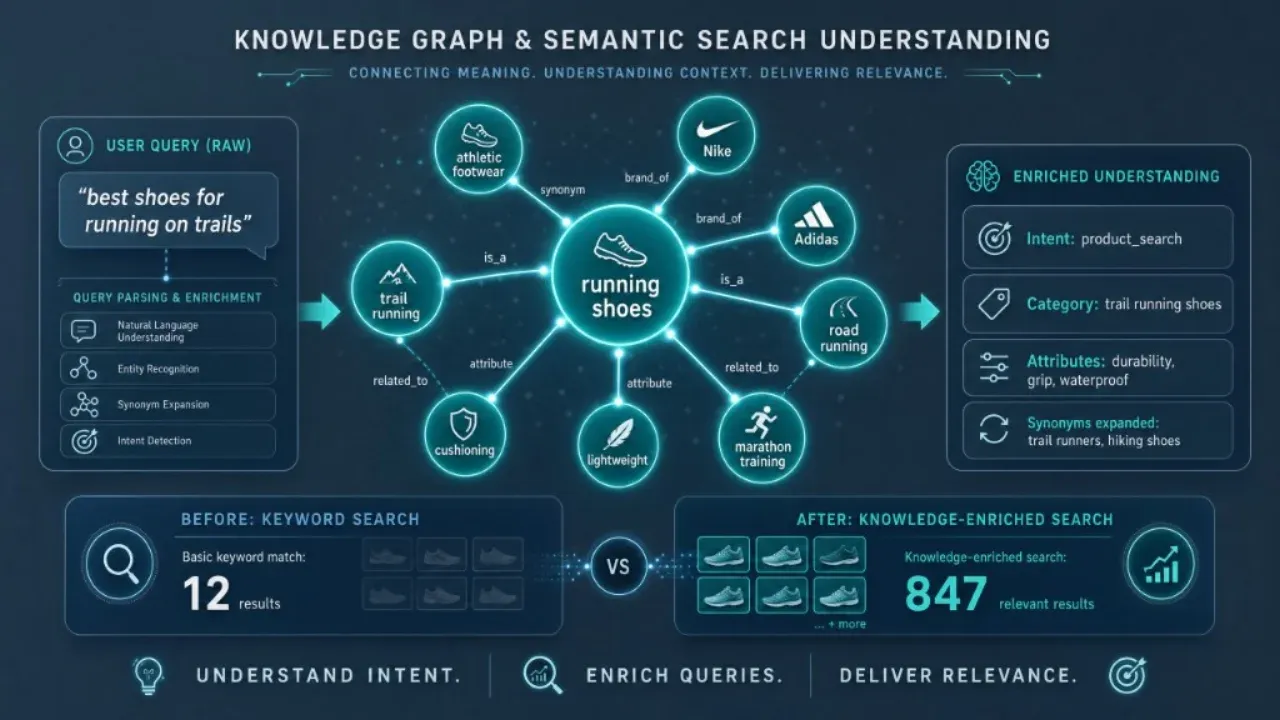 Knowledge graph and semantic search diagram connecting query concepts to enriched intent, comparing 12 keyword results with 847 knowledge-enriched results.